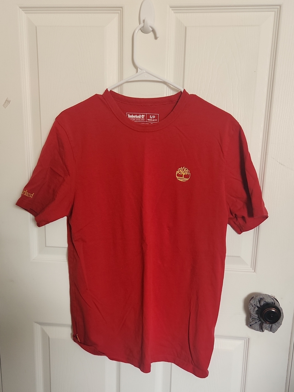 Timberland Red Short-Sleeve Crew Neck T-Shirt with Yellow Logo
